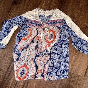 Miss Me Blue and Cream Paisley Blouse